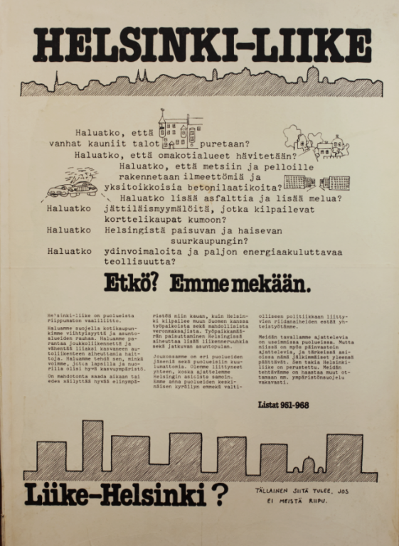 Kuvateksti: Helsinki-liikkeen vaalijuliste vuodelta 1976